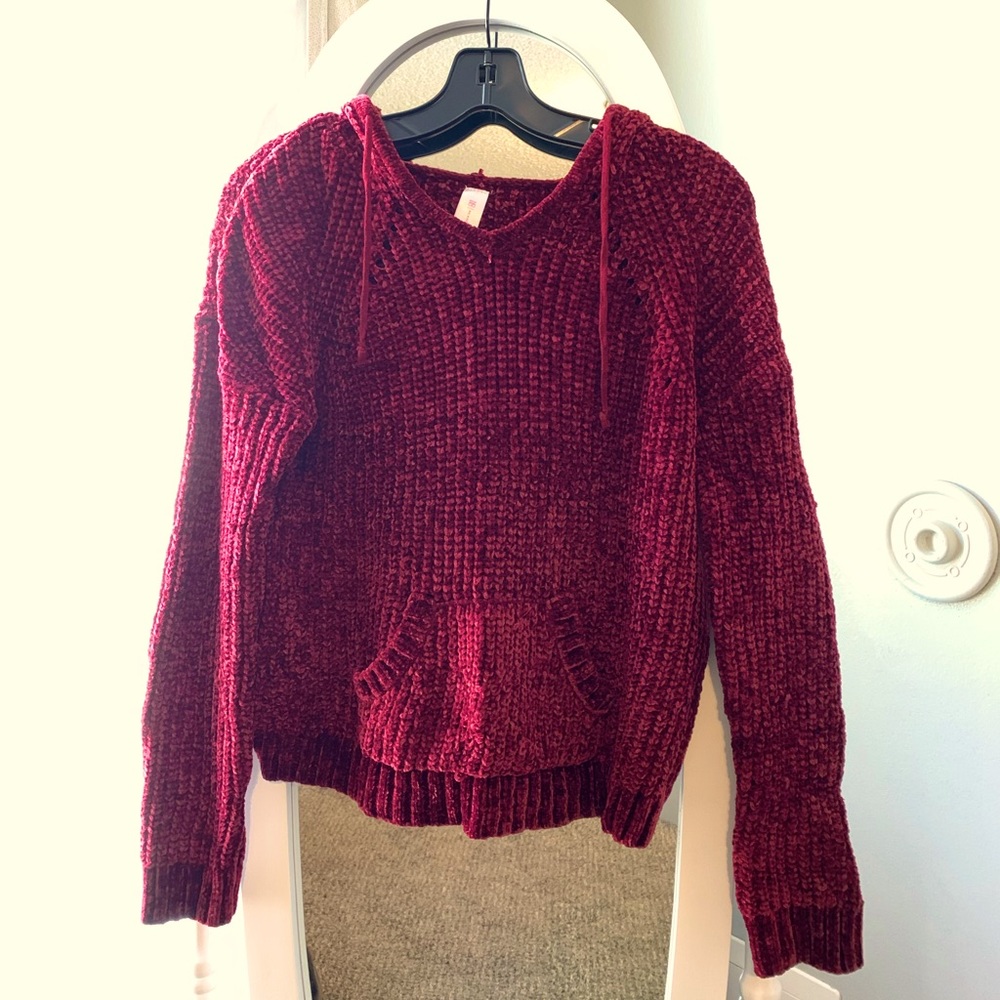 Red Faux Cashmere Pullover with Hood and Pocket